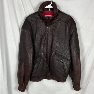 Chocolate Brown Vintage Leather Philippe Monet High Neck Bomber Jacket